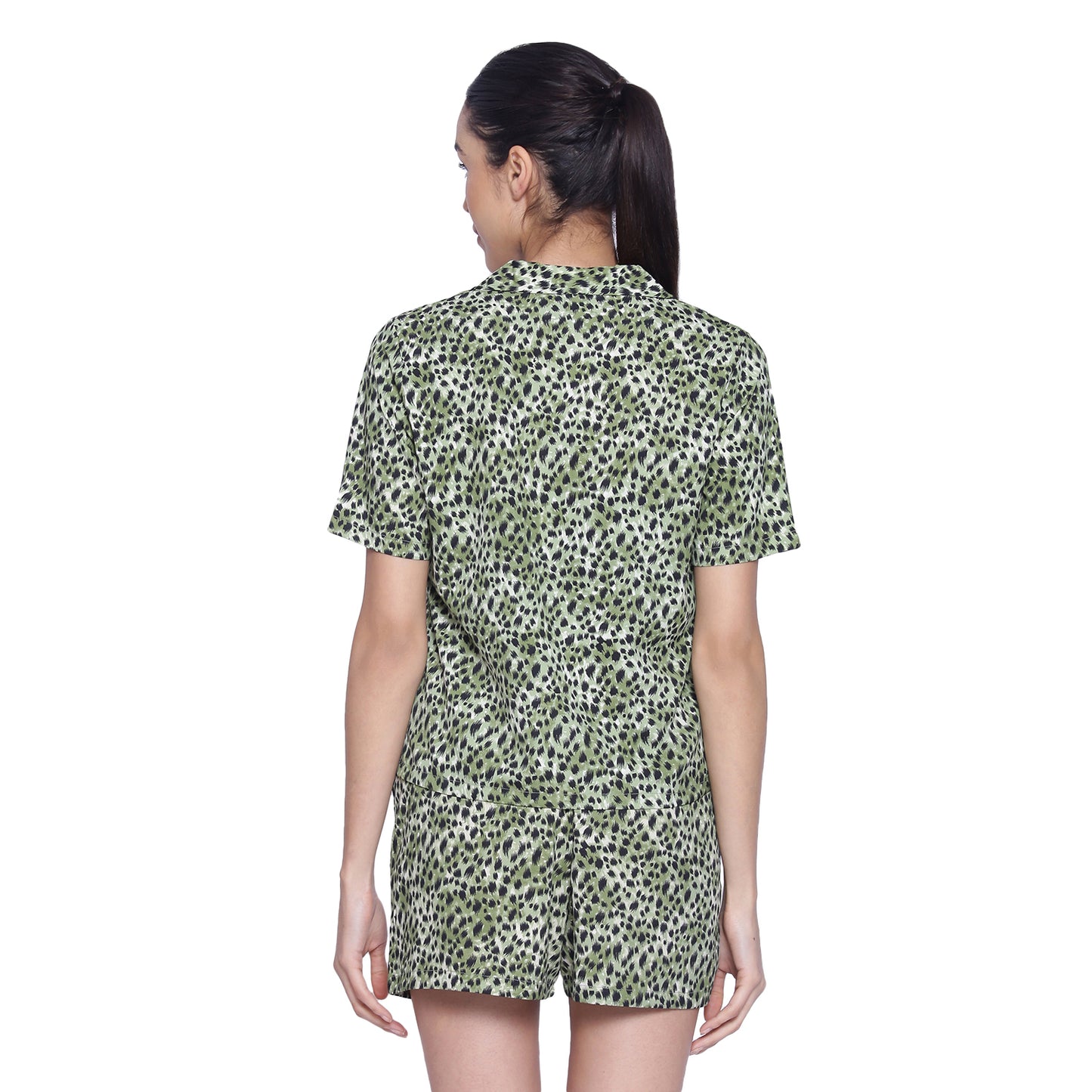 Women's Black & Green Printed Polyester Shorts & Shirt Nightsuit Set