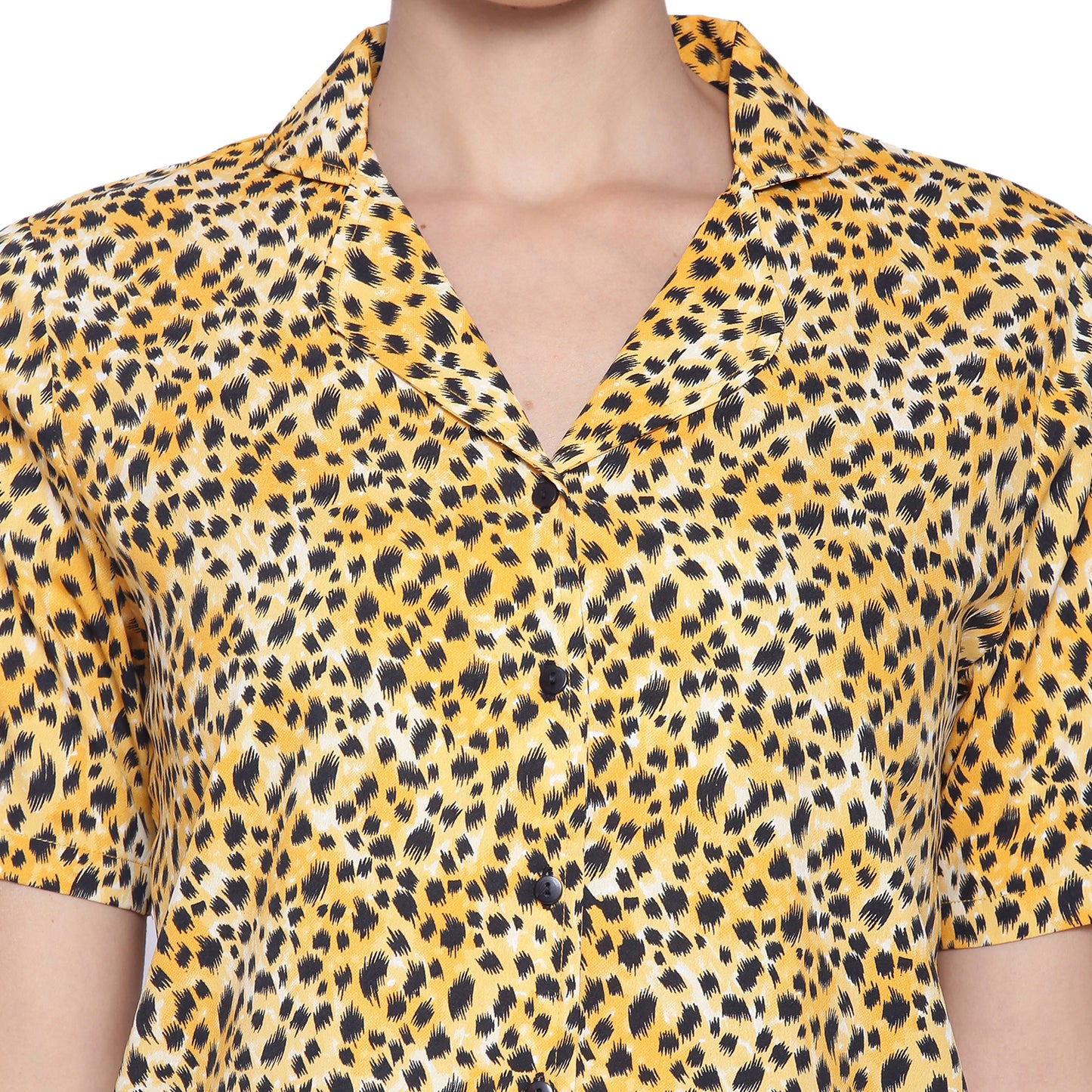 Women's Black & Yellow Printed Polyester Shorts & Shirt Nightsuit Set