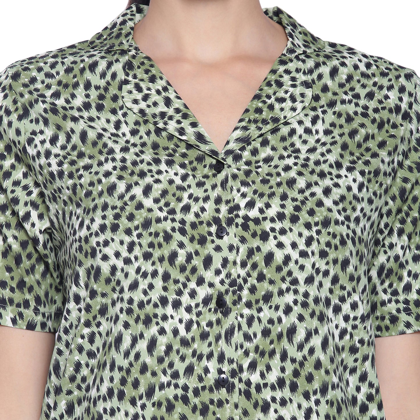 Women's Black & Green Printed Polyester Shorts & Shirt Nightsuit Set