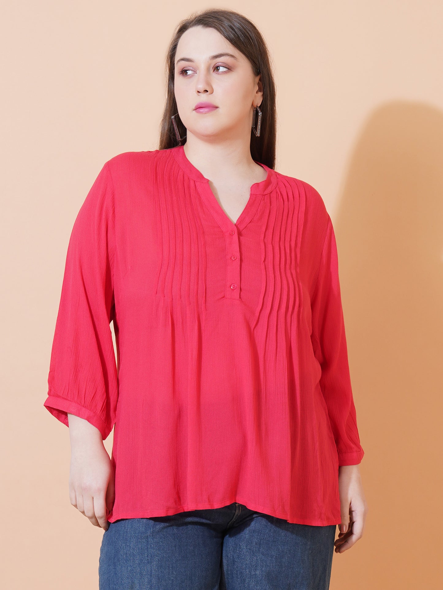 Women Red Dobby Print Pintuck Plus Size Top