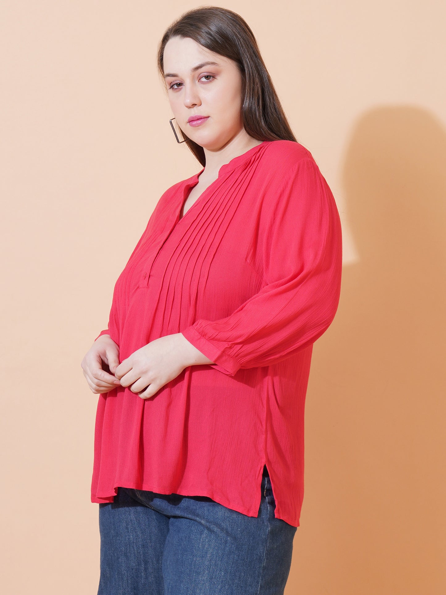 Women Red Dobby Print Pintuck Plus Size Top
