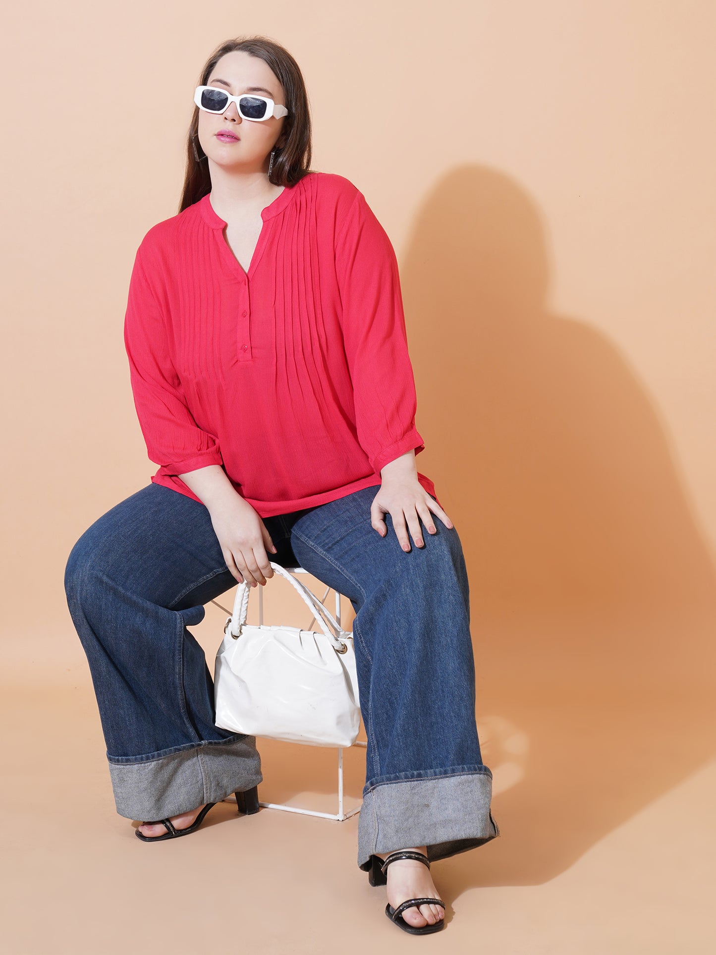 Women Red Dobby Print Pintuck Plus Size Top