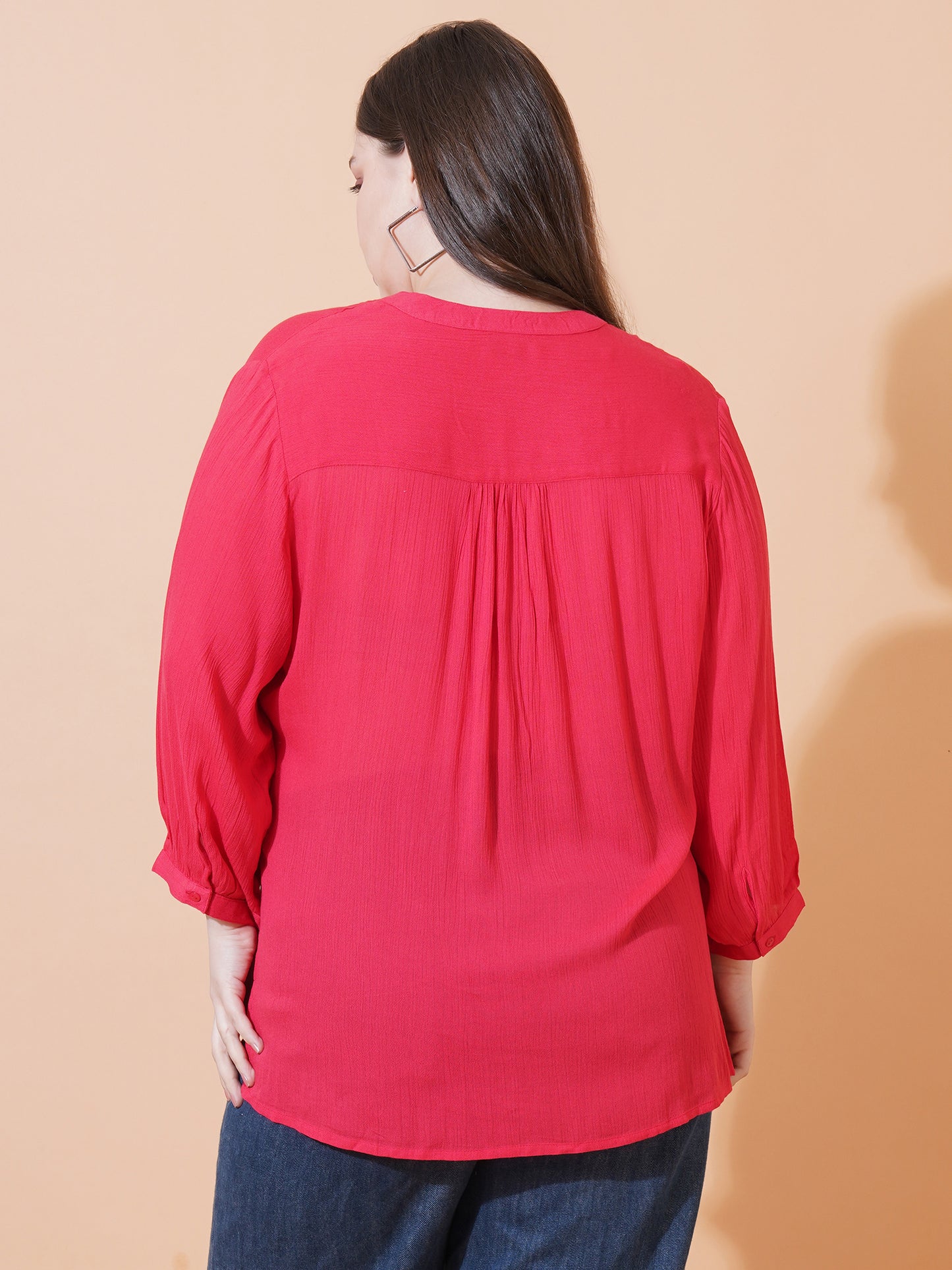 Women Red Dobby Print Pintuck Plus Size Top