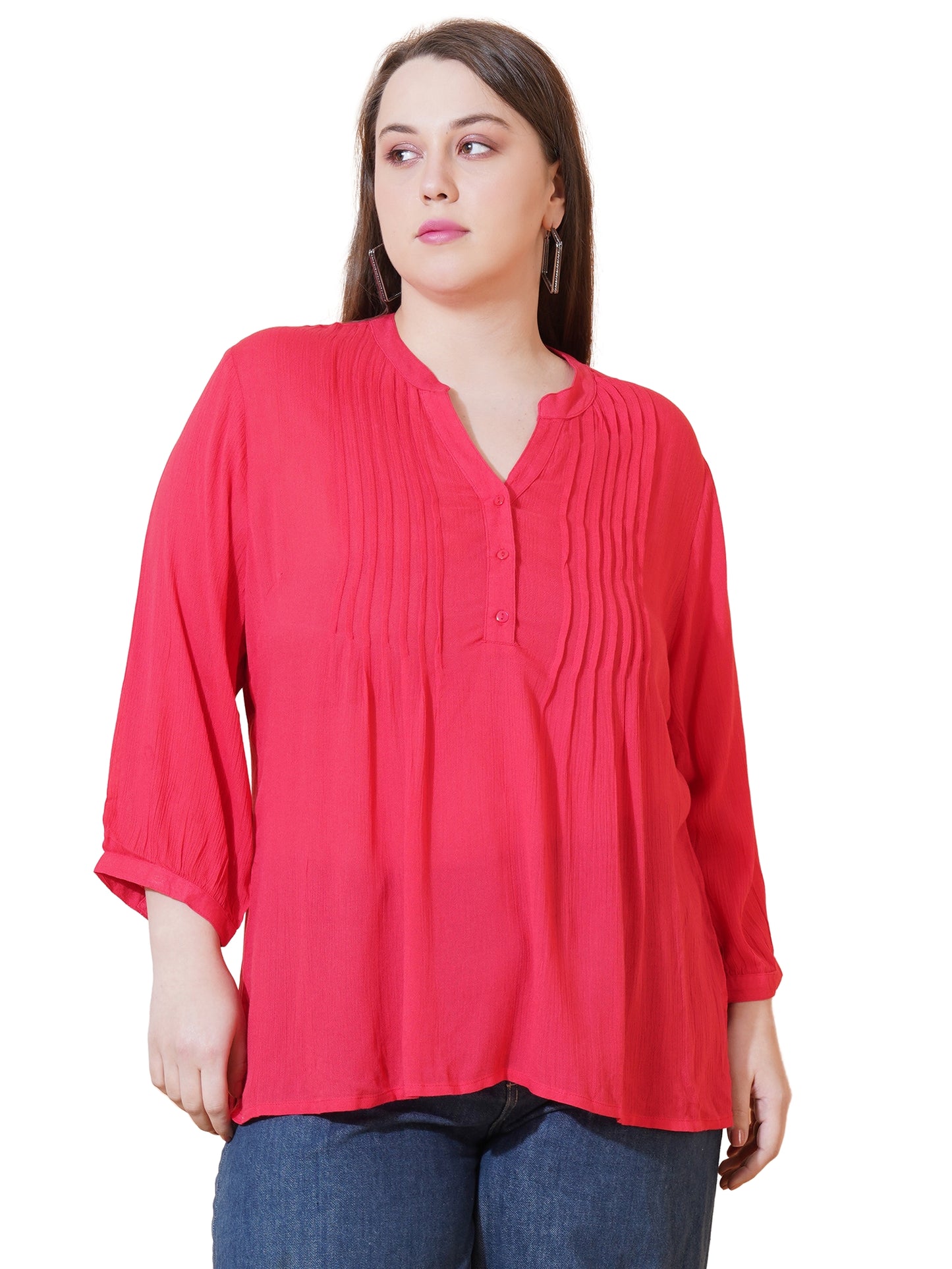 Women Red Dobby Print Pintuck Plus Size Top
