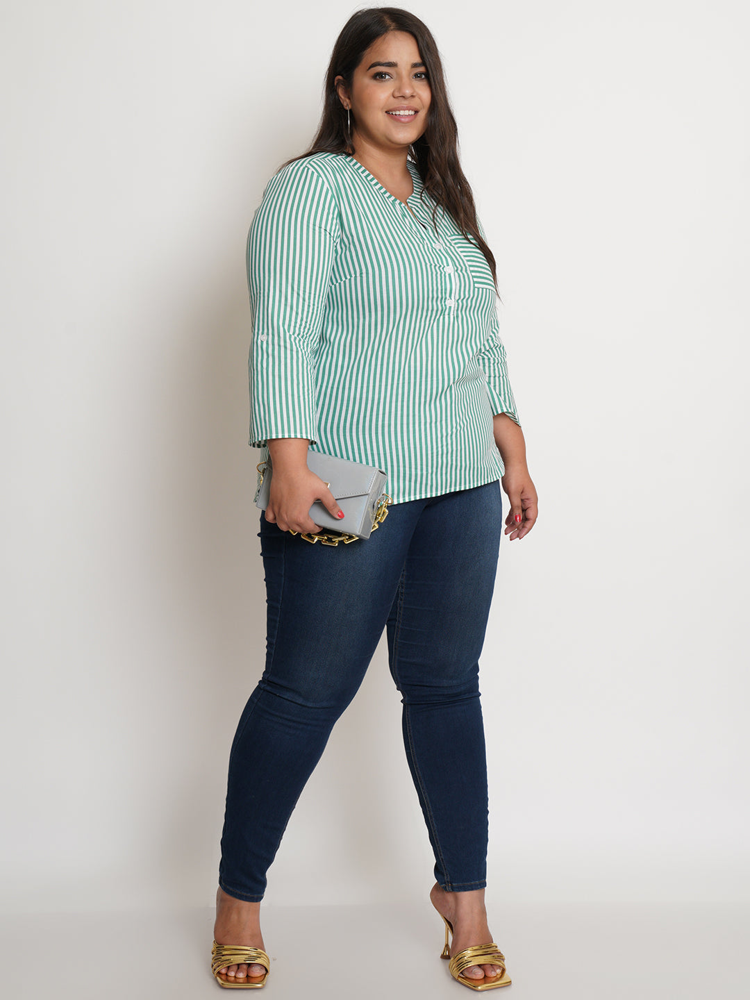 9 Impression Womans Green Stripes Plus Size Top