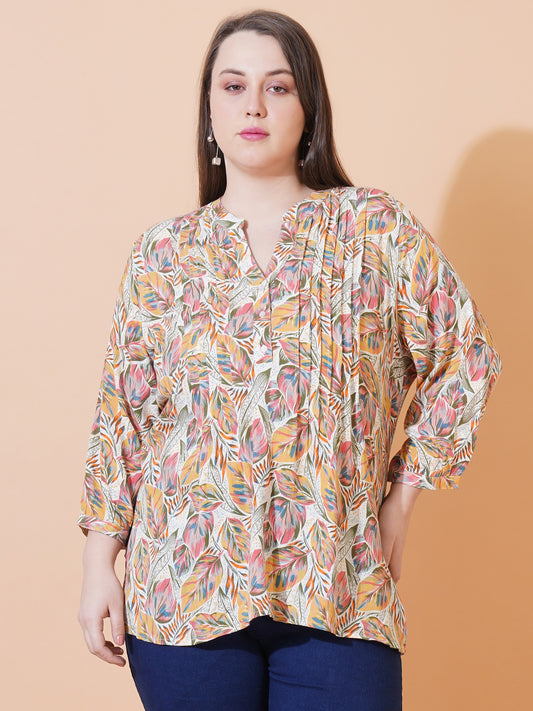 Women Green & Pink Leaf Print Pintuck Plus Size Top