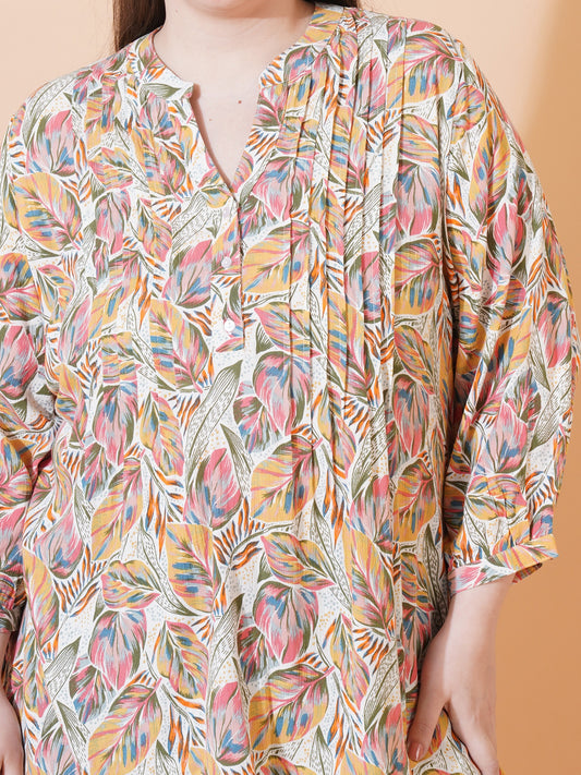 Women Green & Pink Leaf Print Pintuck Plus Size Top