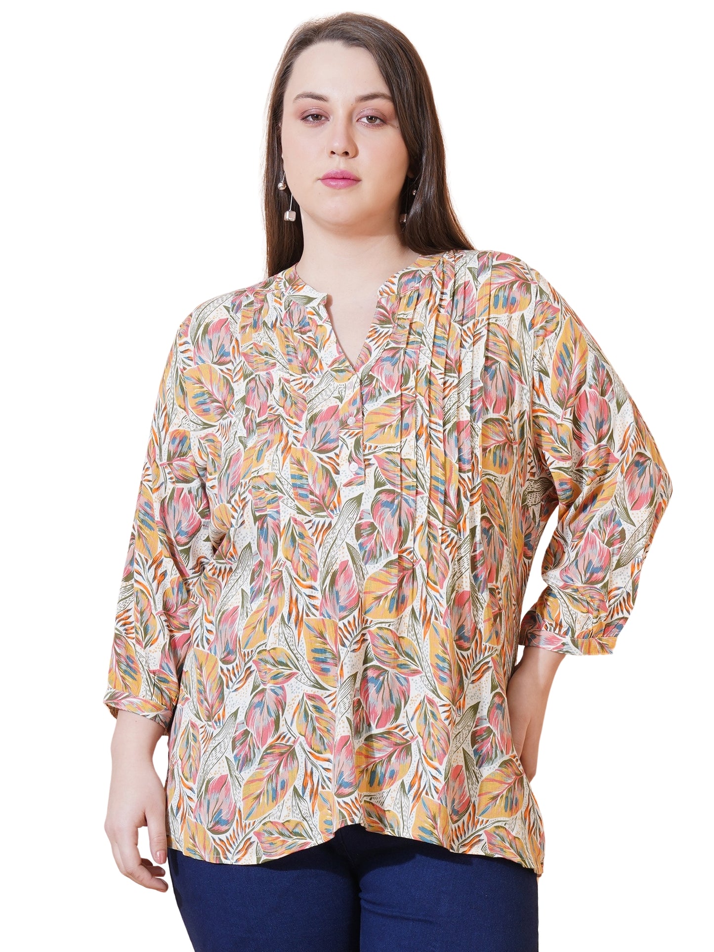 Women Green & Pink Leaf Print Pintuck Plus Size Top