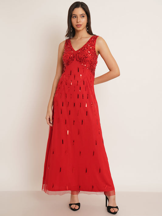 Women Red Embellished V-Neck Maxi Gown