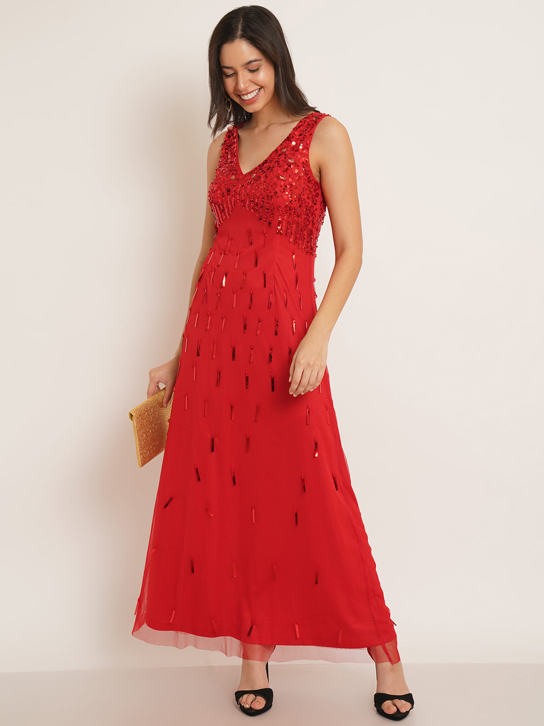 Women Red Embellished V-Neck Maxi Gown