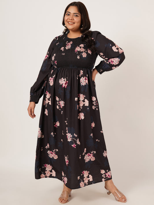 Navy Blue & Pink Floral Print Smocked Women Maxi Dress