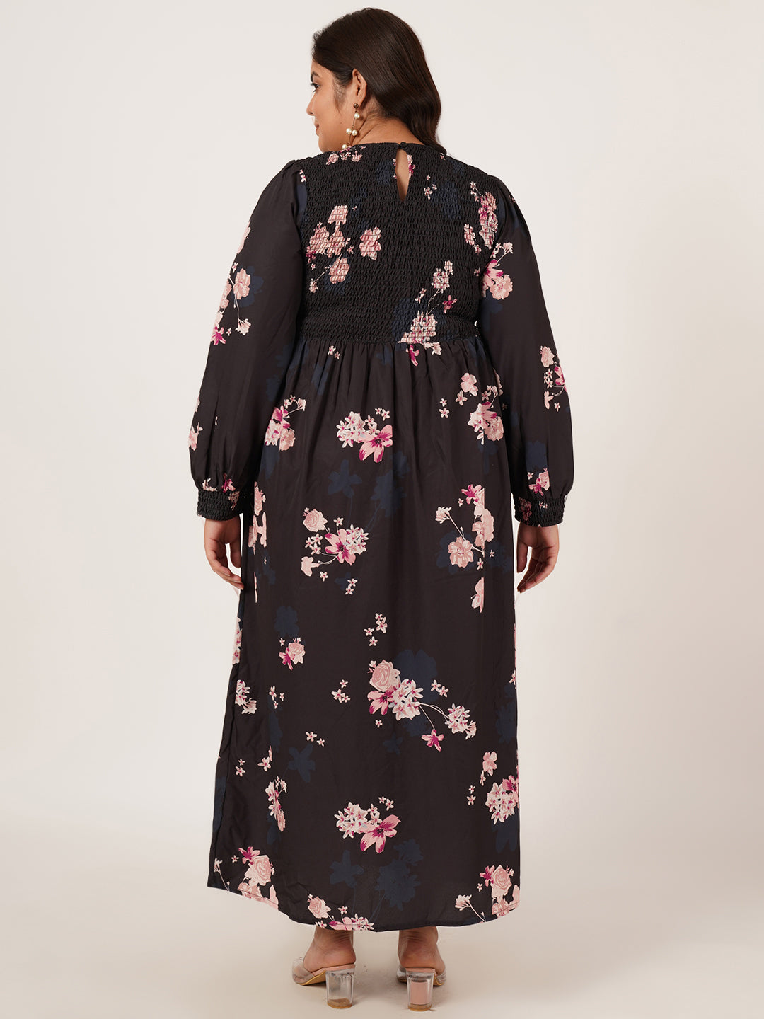 Navy Blue & Pink Floral Print Smocked Women Maxi Dress