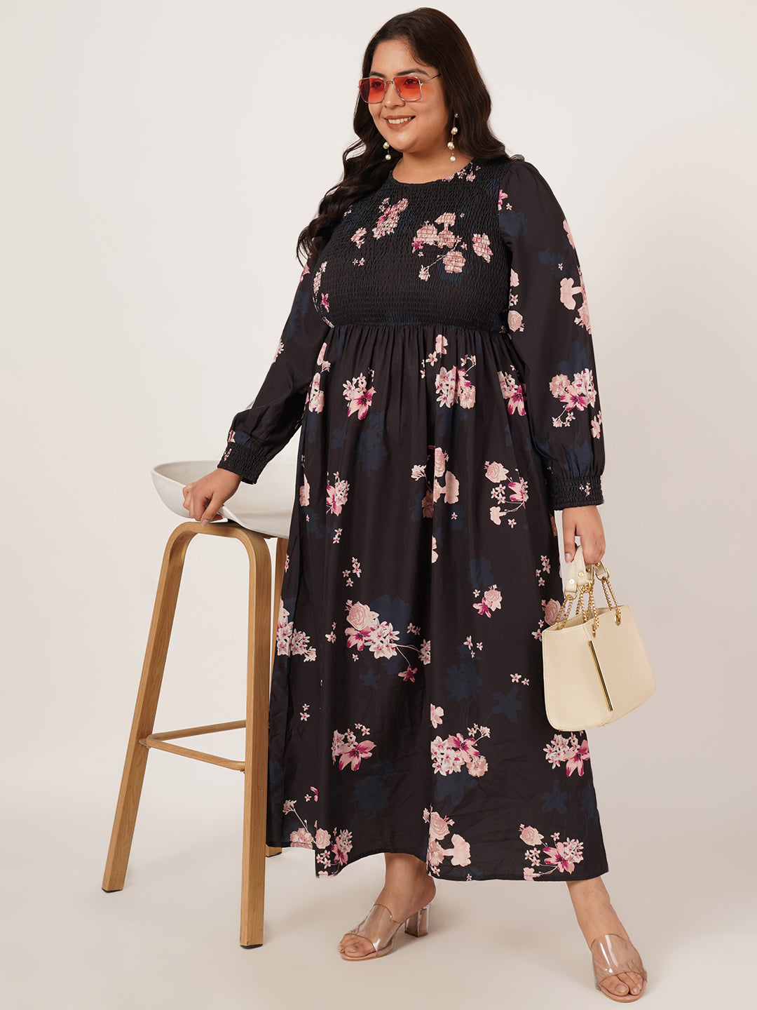 Navy Blue & Pink Floral Print Smocked Women Maxi Dress
