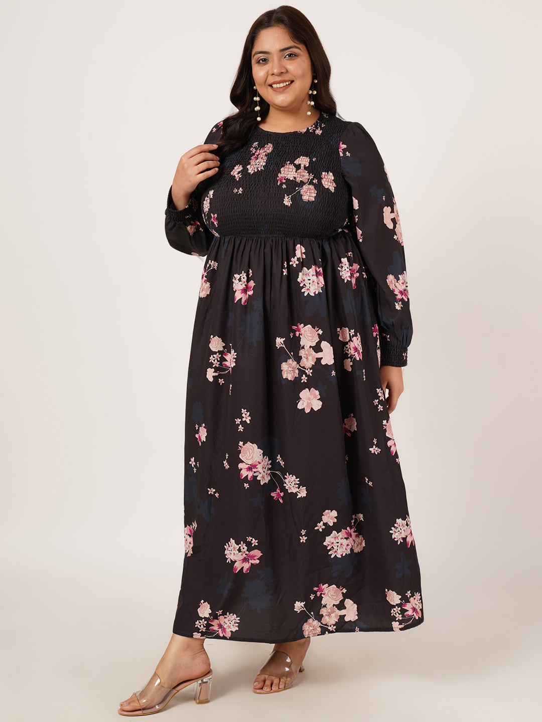 Navy Blue & Pink Floral Print Smocked Women Maxi Dress