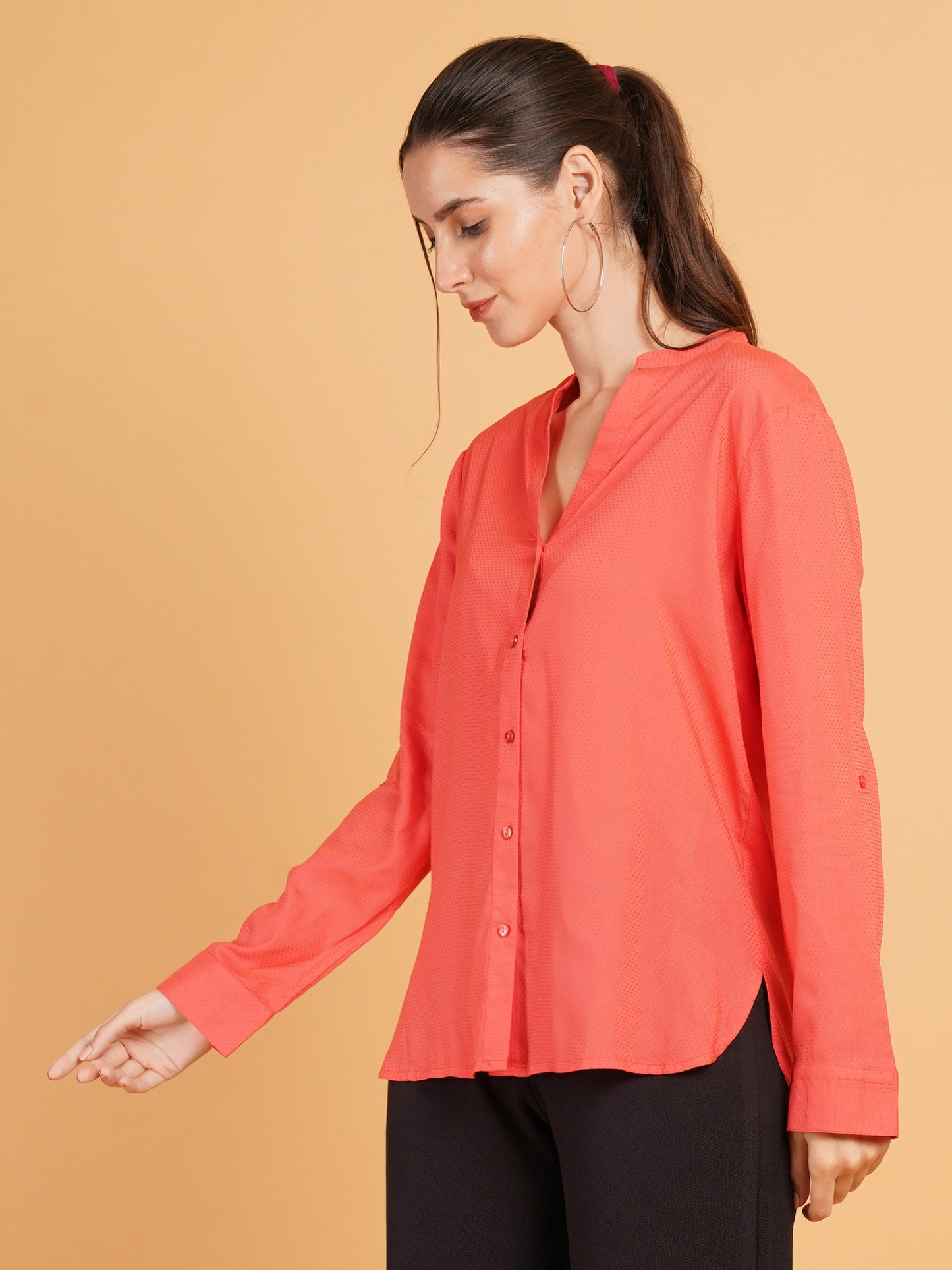 Women Orange Solid Dobby Print Mandarin Collar Shirt