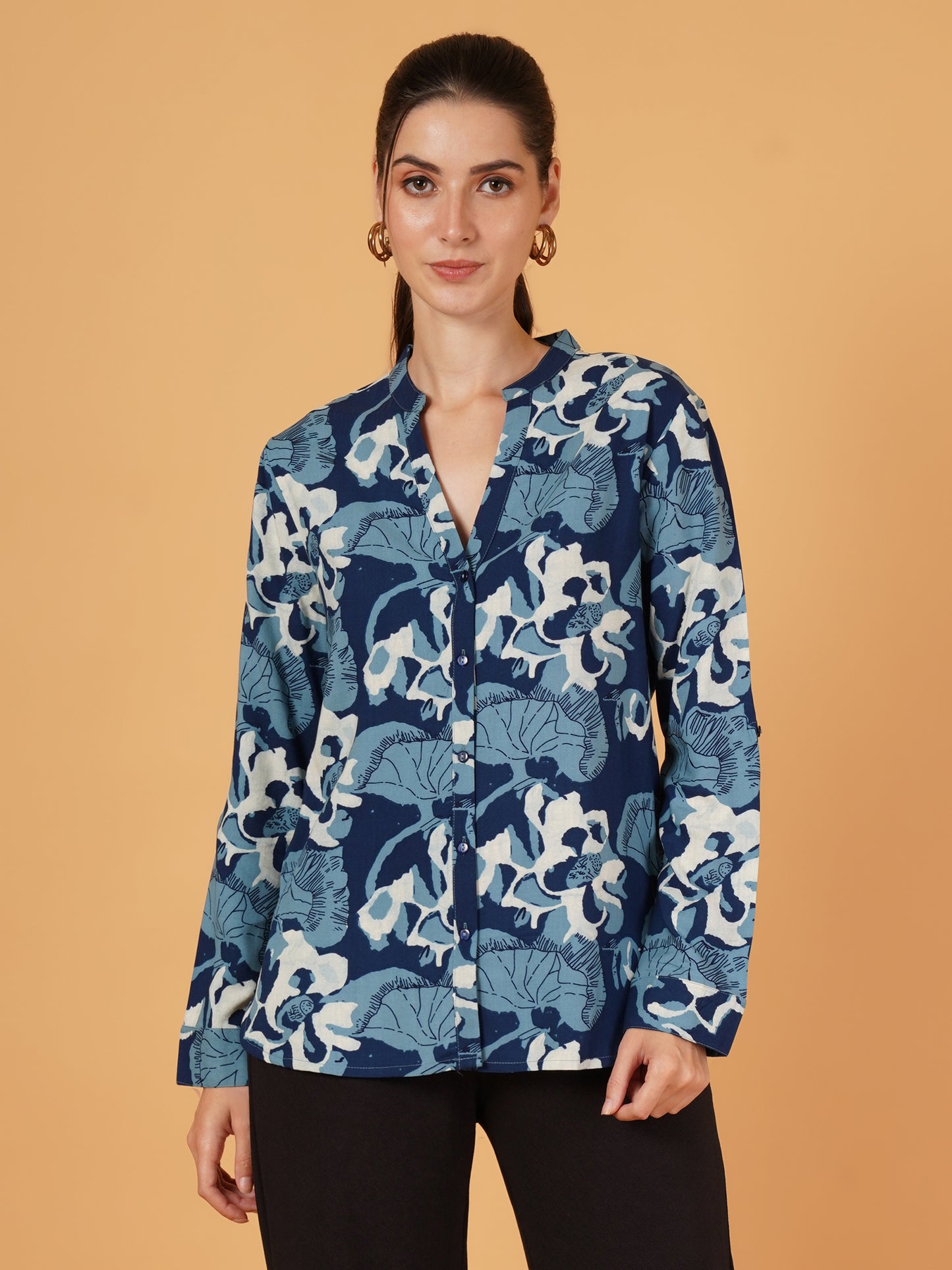 Women Blue Floral Print Roll-Up Sleeves Oversized Shirt Style Top