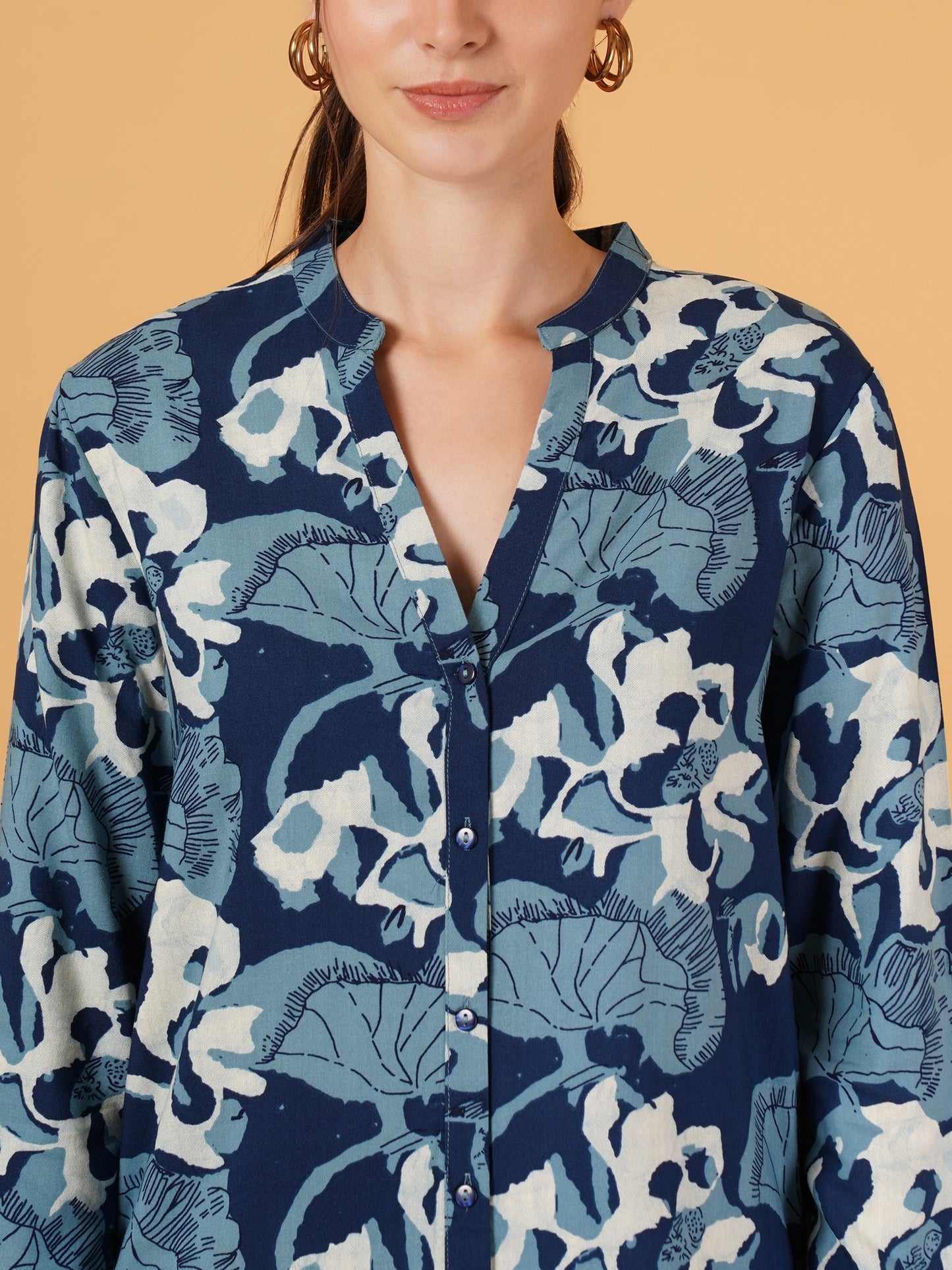 Women Blue Floral Print Roll-Up Sleeves Oversized Shirt Style Top