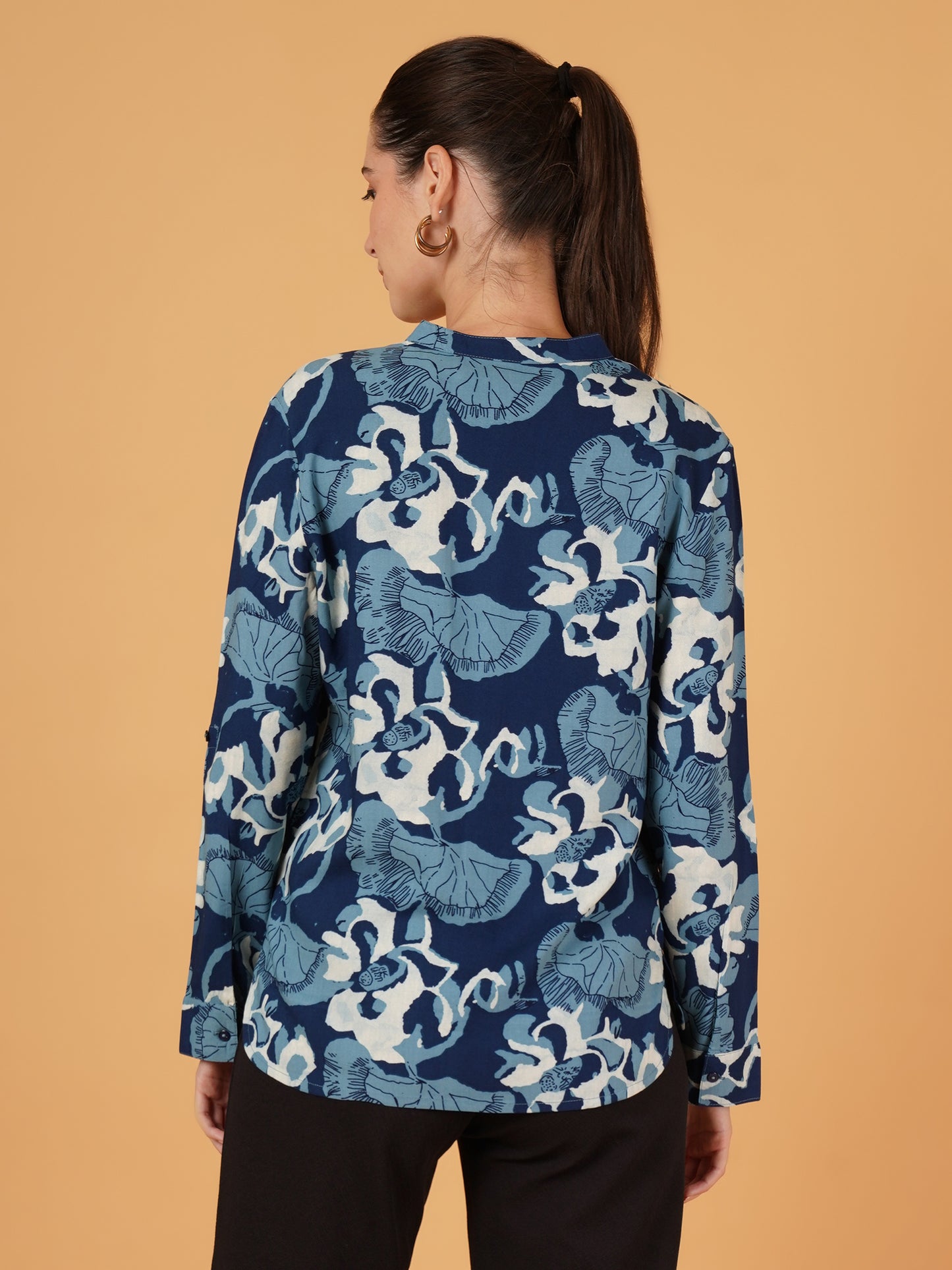 Women Blue Floral Print Roll-Up Sleeves Oversized Shirt Style Top