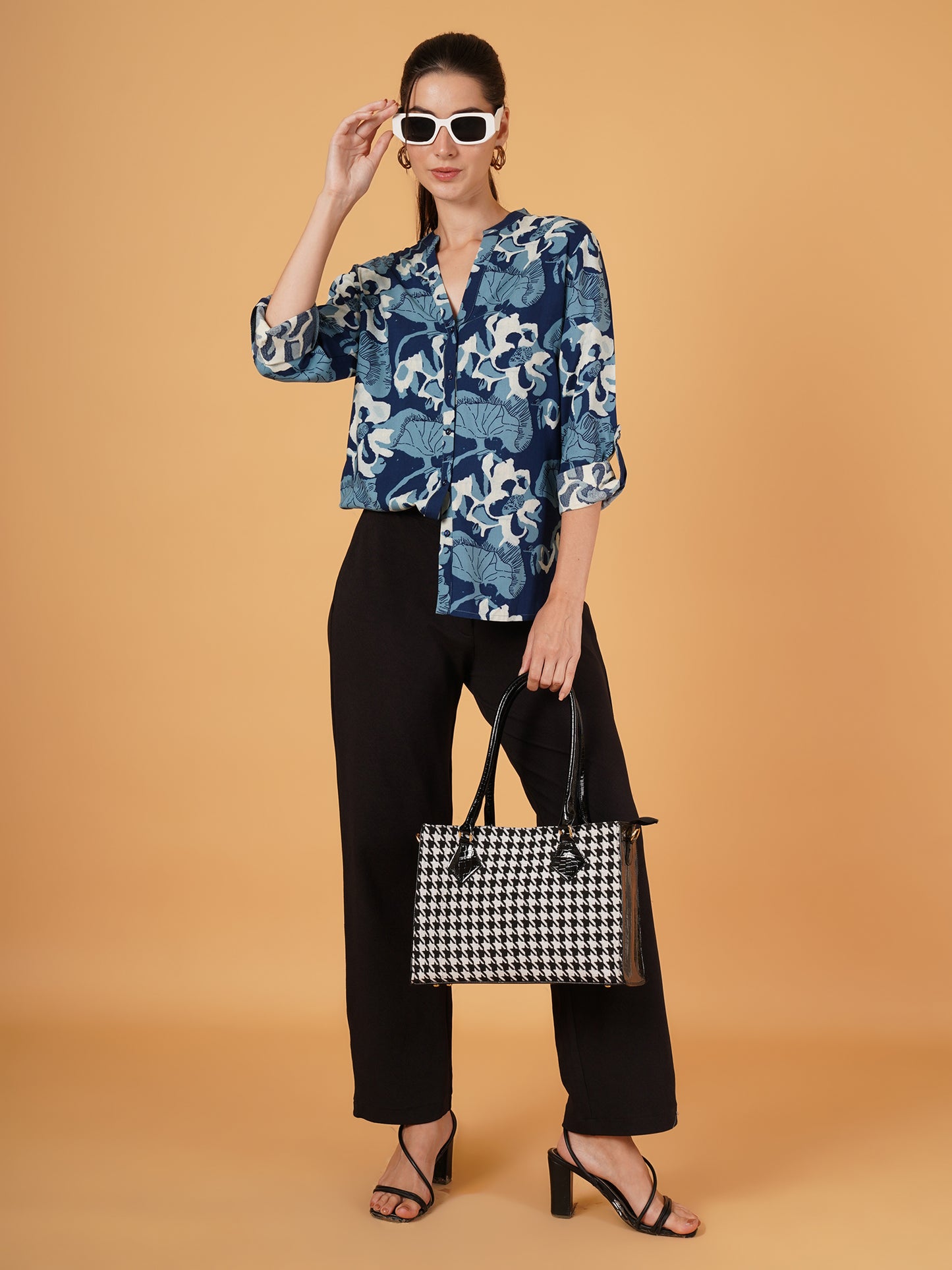 Women Blue Floral Print Roll-Up Sleeves Oversized Shirt Style Top
