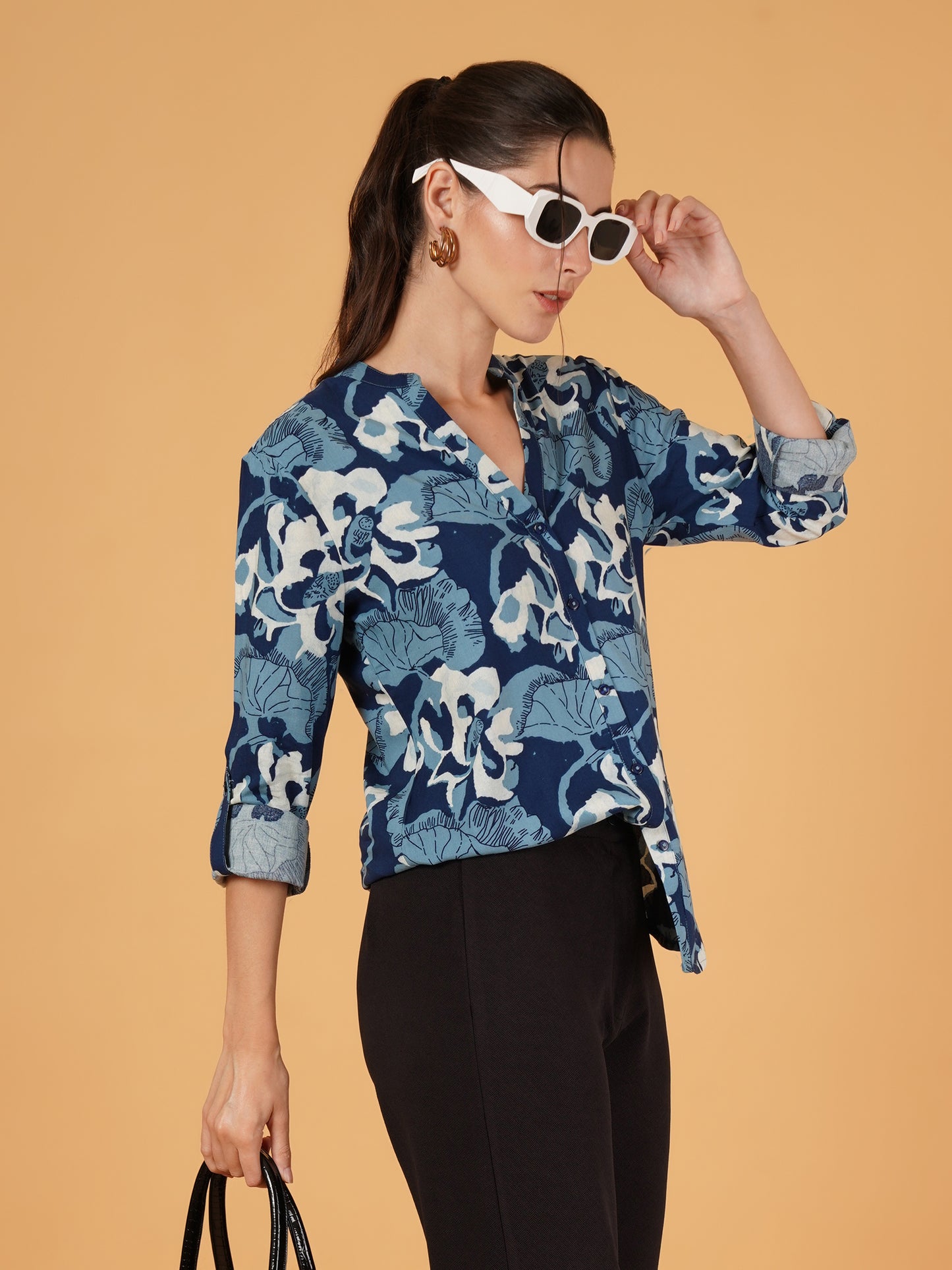 Women Blue Floral Print Roll-Up Sleeves Oversized Shirt Style Top
