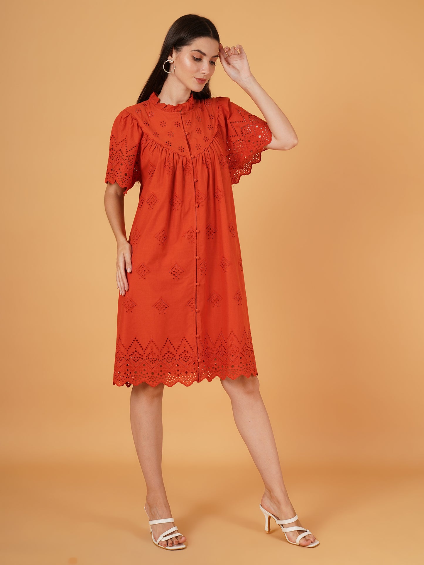 Breathable Cotton Schiffli Dress with Gathered A-Line Fit – 9 Impression