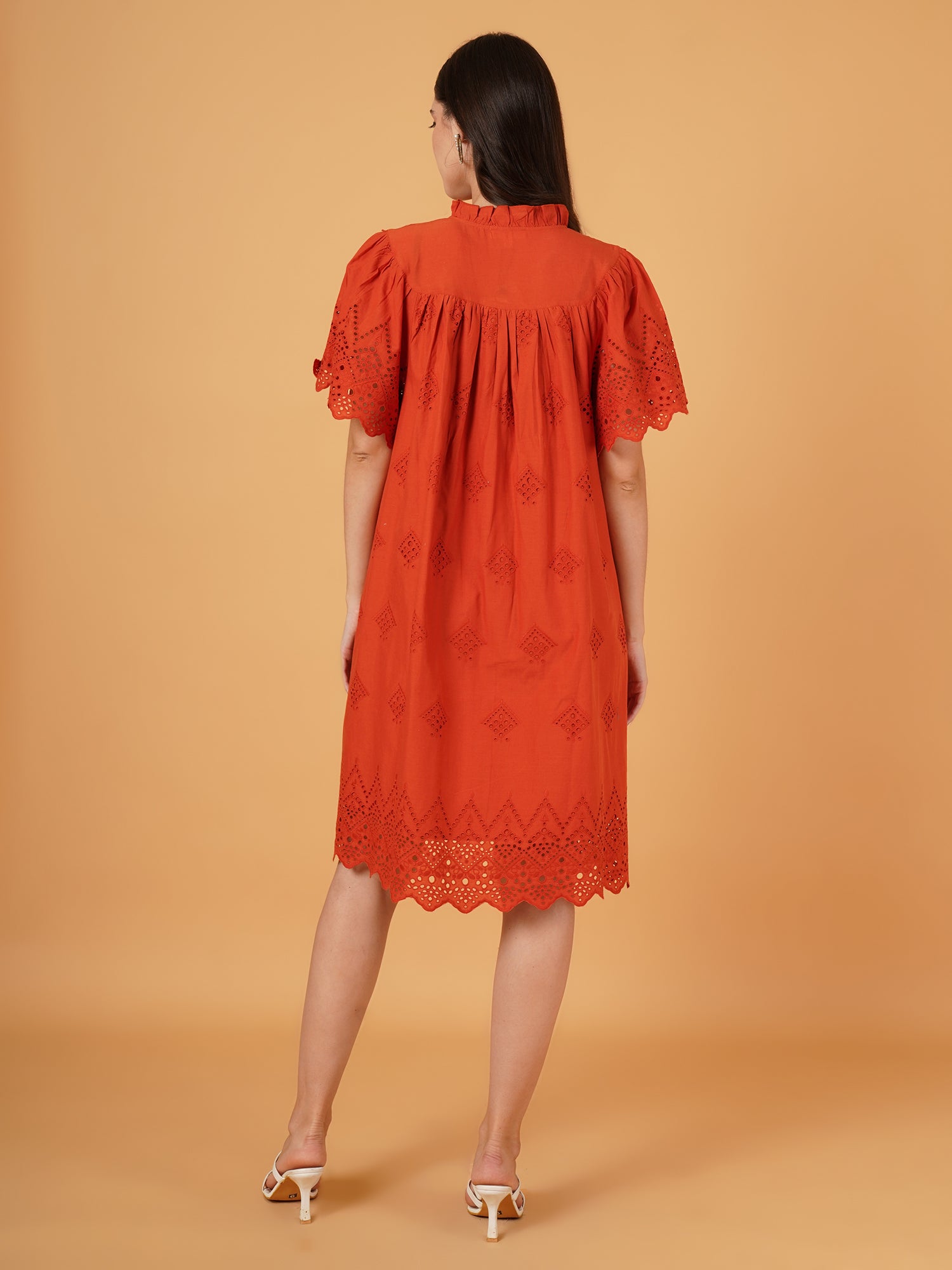 Trendy Zara-Style White Schiffli Cotton Dress for Women