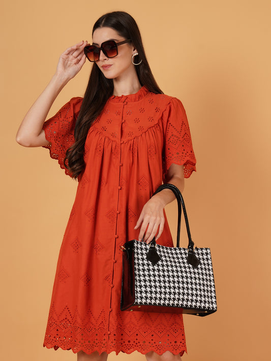 Chic & Stylish Embroidered A-Line Cotton Dress - 9 Impression Fashion