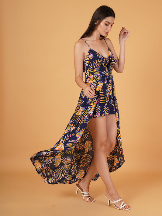 Women Navy Blue & Green Leaf Print Jumpsuit