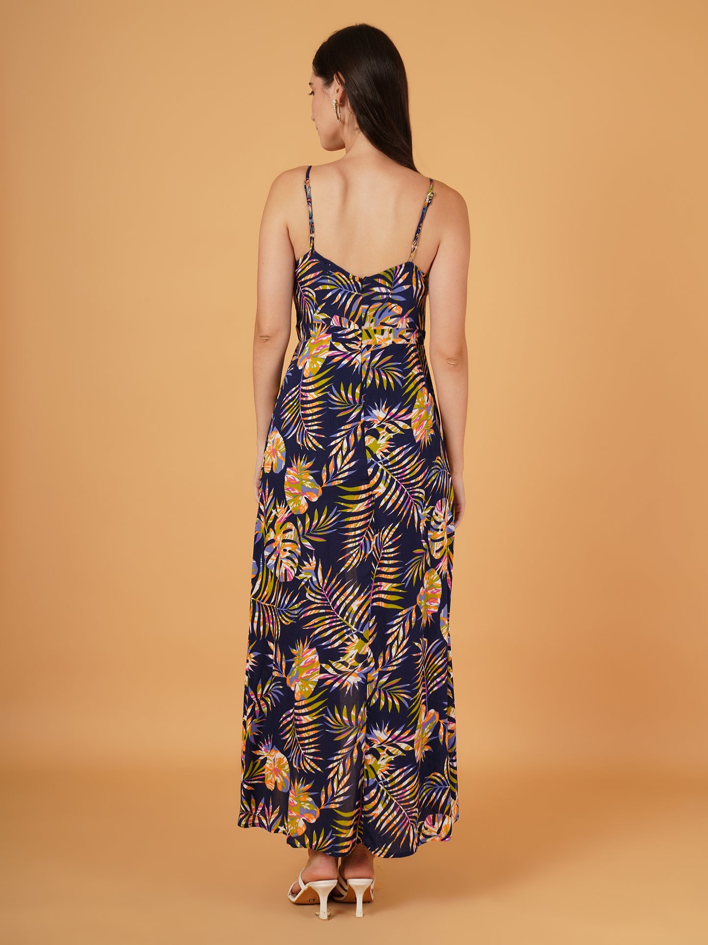 Women Navy Blue & Green Leaf Print Jumpsuit