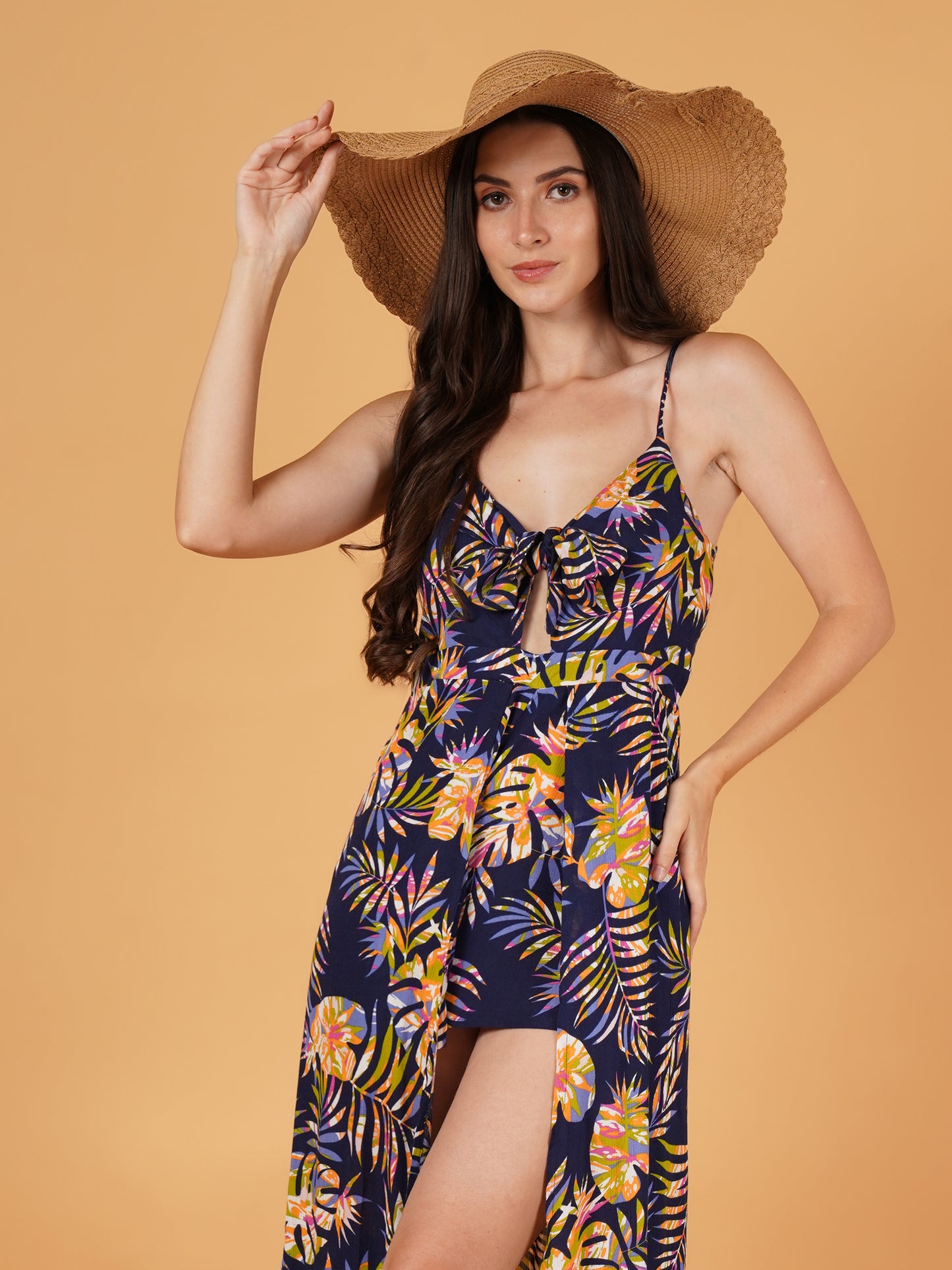 Women Navy Blue & Green Leaf Print Jumpsuit