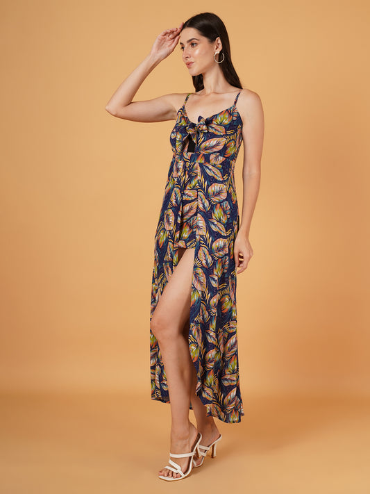 Women Navy Blue & Pink Leaf Print Jumpsuit