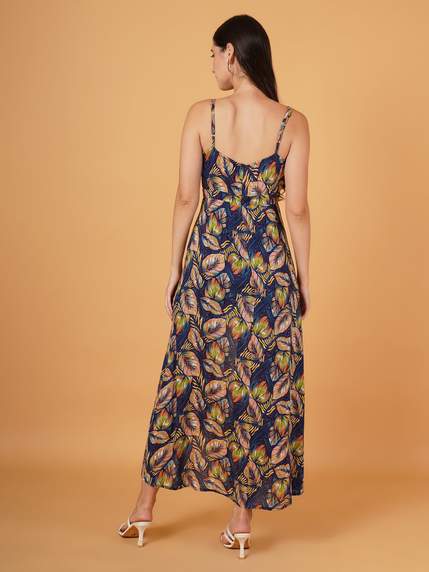 Women Navy Blue & Pink Leaf Print Jumpsuit