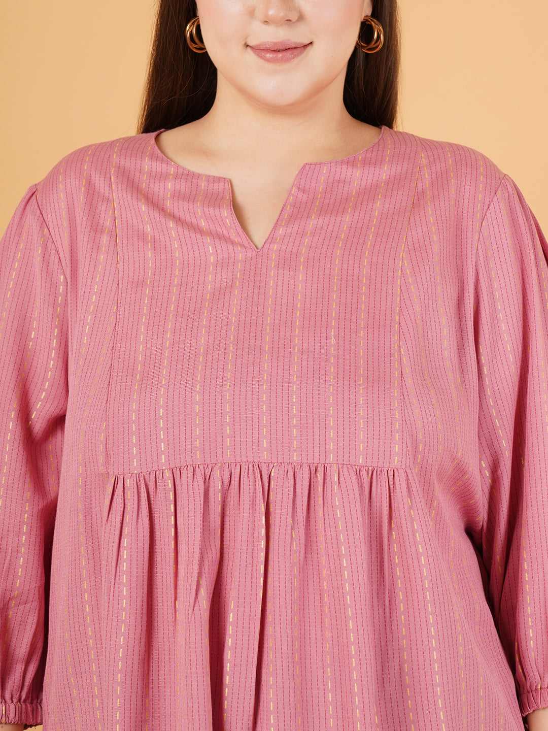 Women Pink Striped Plus Size Gathered Puff Sleeves Top
