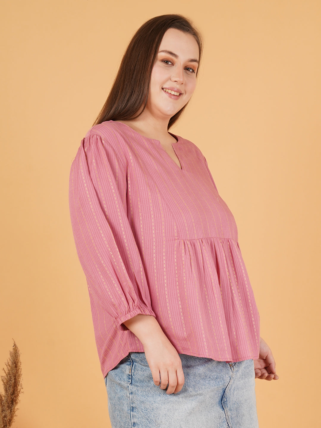 Women Pink Striped Plus Size Gathered Puff Sleeves Top
