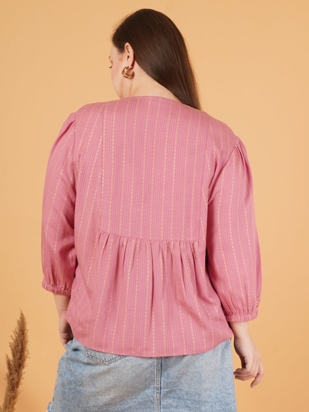 Women Pink Striped Plus Size Gathered Puff Sleeves Top