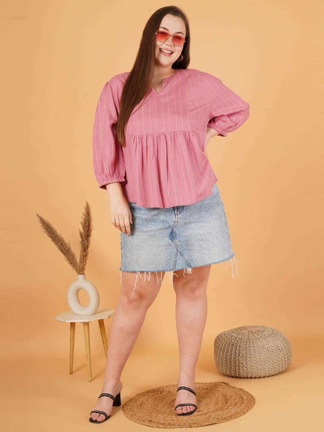 Women Pink Striped Plus Size Gathered Puff Sleeves Top