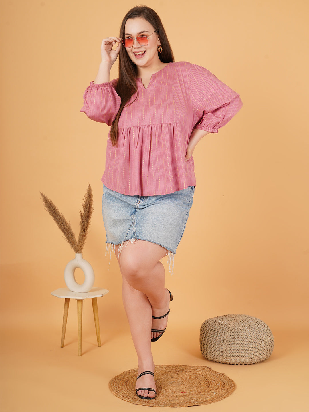 Women Pink Striped Plus Size Gathered Puff Sleeves Top