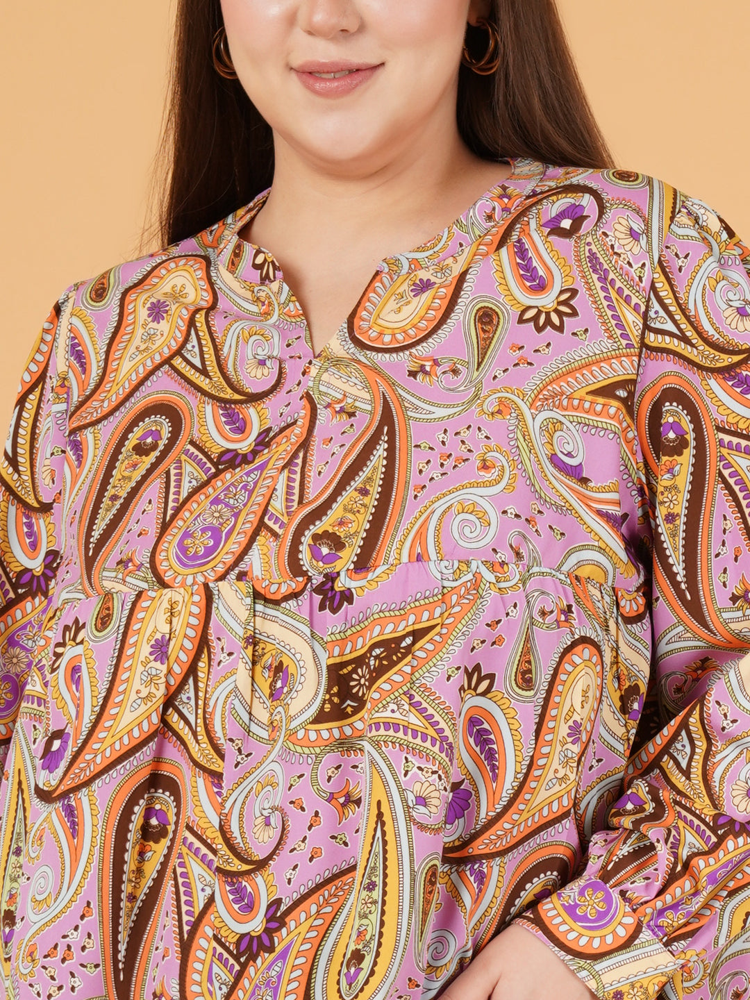 Women Brown & Pink Paisley Print Plus Size Gathered Cuffed Sleeves Top