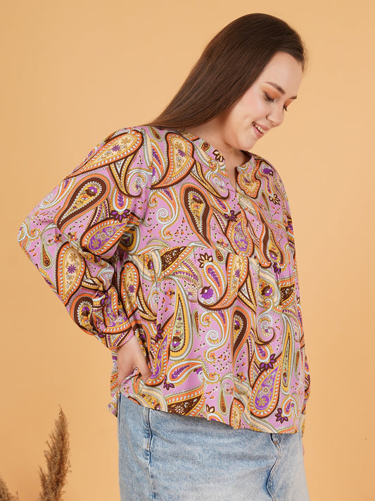 Women Brown & Pink Paisley Print Plus Size Gathered Cuffed Sleeves Top