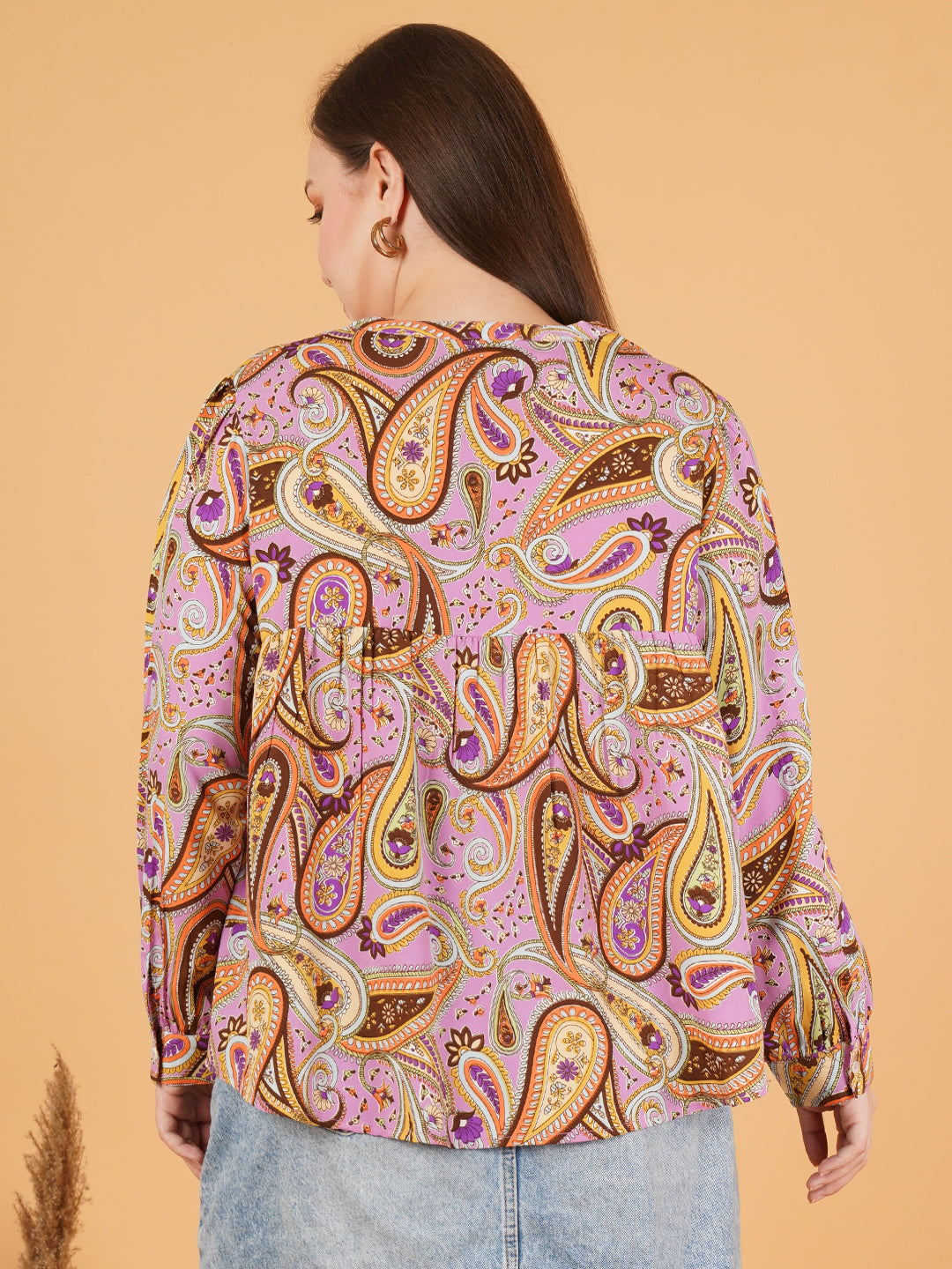 Women Brown & Pink Paisley Print Plus Size Gathered Cuffed Sleeves Top