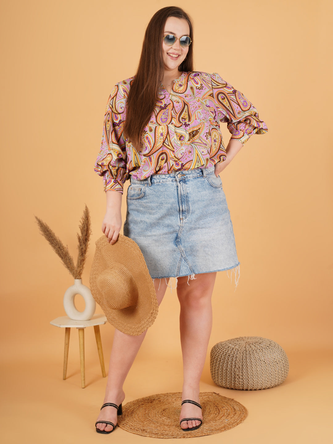 Women Brown & Pink Paisley Print Plus Size Gathered Cuffed Sleeves Top