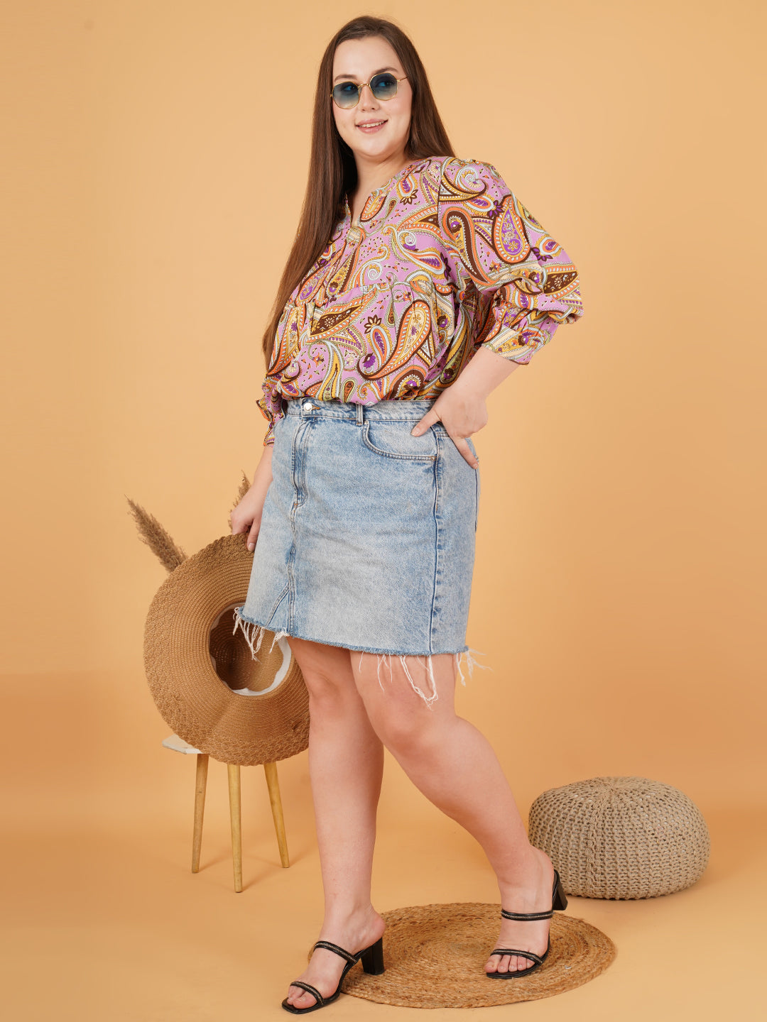 Women Brown & Pink Paisley Print Plus Size Gathered Cuffed Sleeves Top