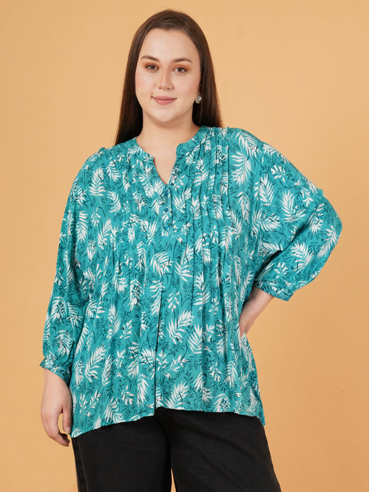 Women Green & White Pintuck Leaf Print Puff Sleeves Plus Size Top