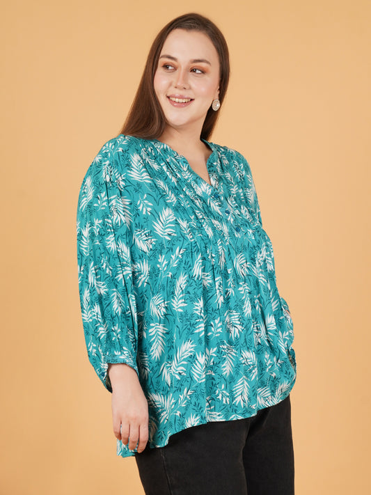 Women Green & White Pintuck Leaf Print Puff Sleeves Plus Size Top
