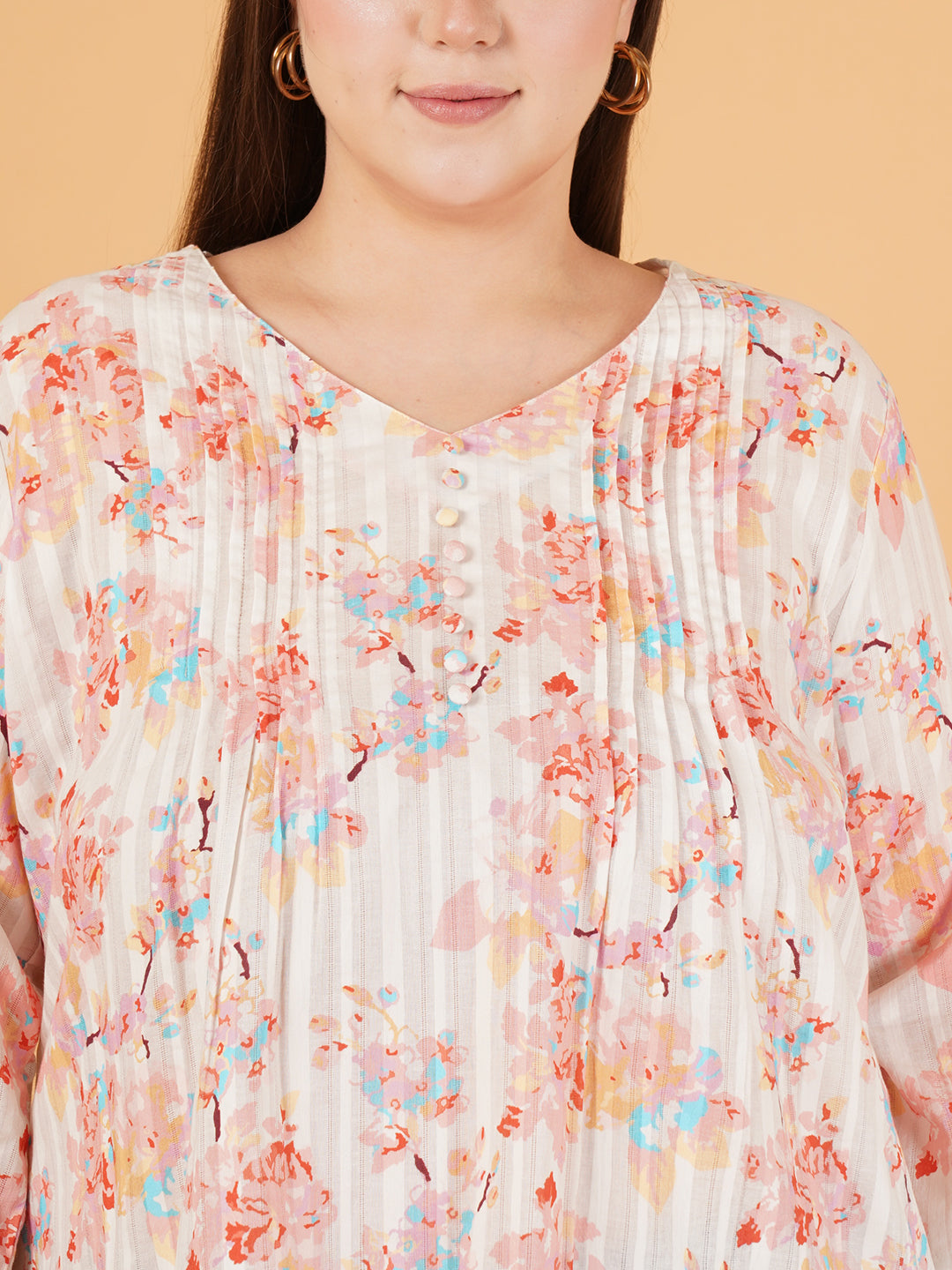 Women Pink & White Floral Print Pintuck Bell Sleeves V-Neck Plus Size Top