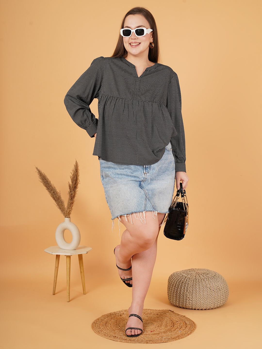 Women Black & White Polka Dot Print Cuffed Sleeves Plus Size Top