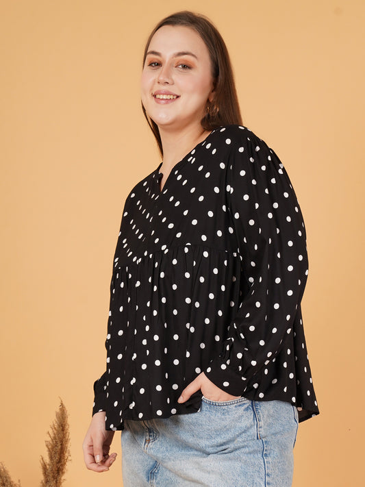 Women Black & White Polka Dot Print Cuffed Sleeves Gathered Plus Size Top