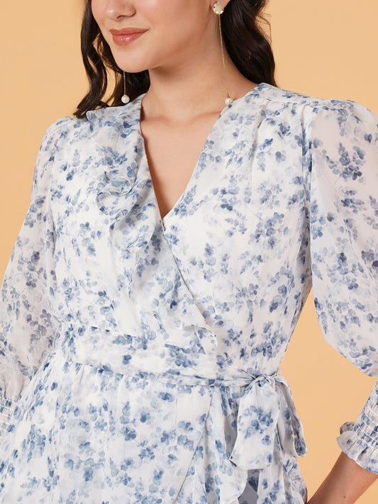 Women Floral Print Ruffle Detail Smocked Three-Quarter Sleeves Fit & Flare Midi Dress
