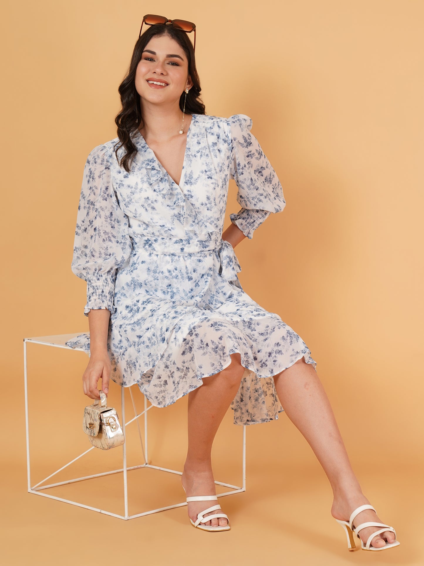 Women Floral Print Ruffle Detail Smocked Three-Quarter Sleeves Fit & Flare Midi Dress