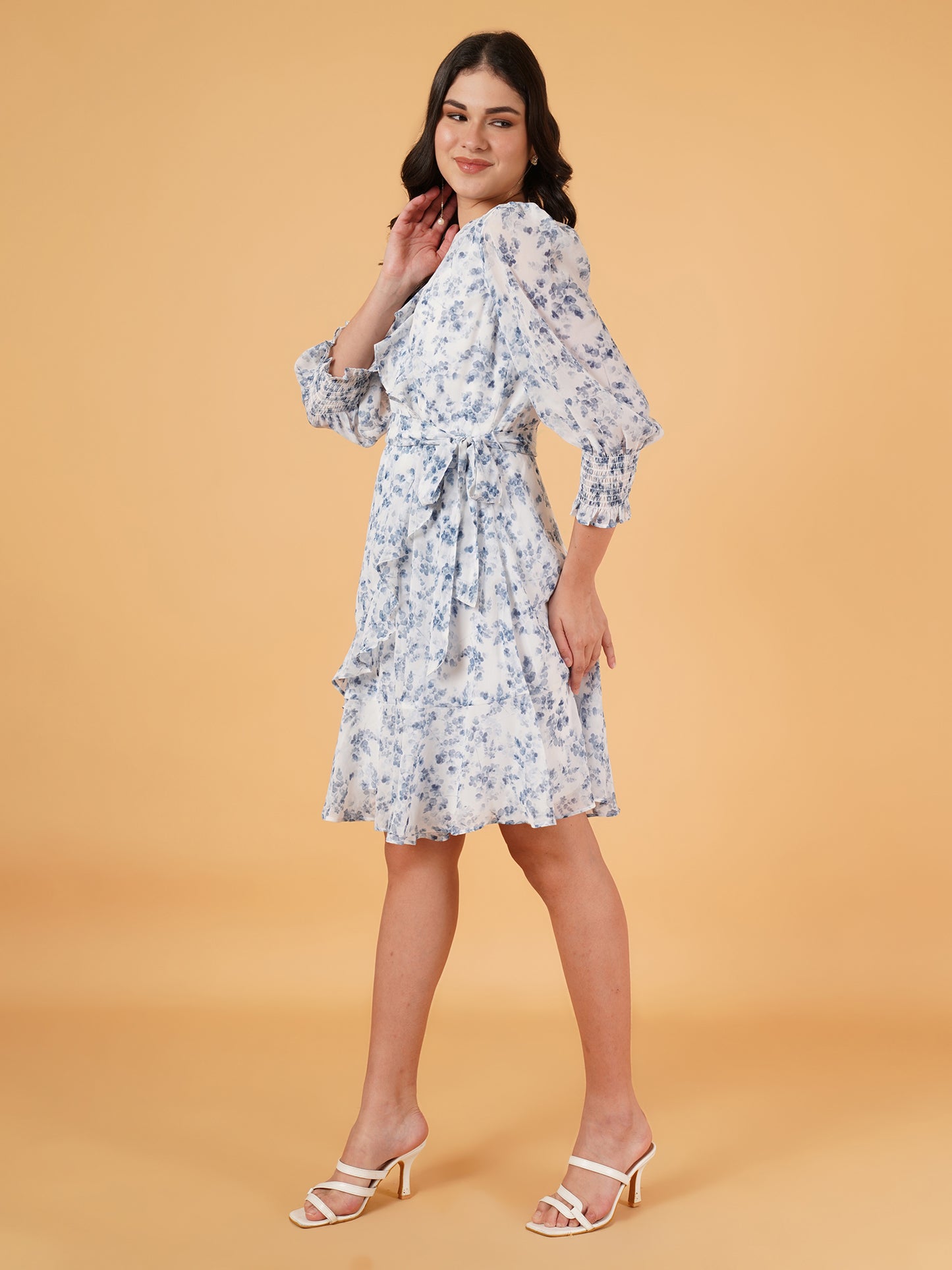 Women Floral Print Ruffle Detail Smocked Three-Quarter Sleeves Fit & Flare Midi Dress